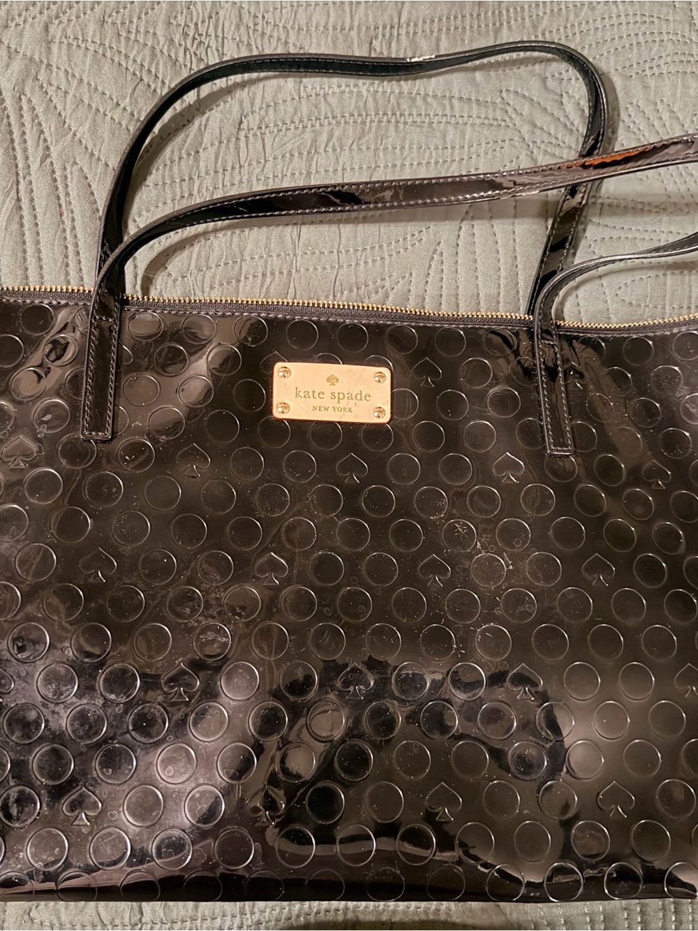 kate spade Black Patent Tote with Embossed Spade Motif and Gold Plaque